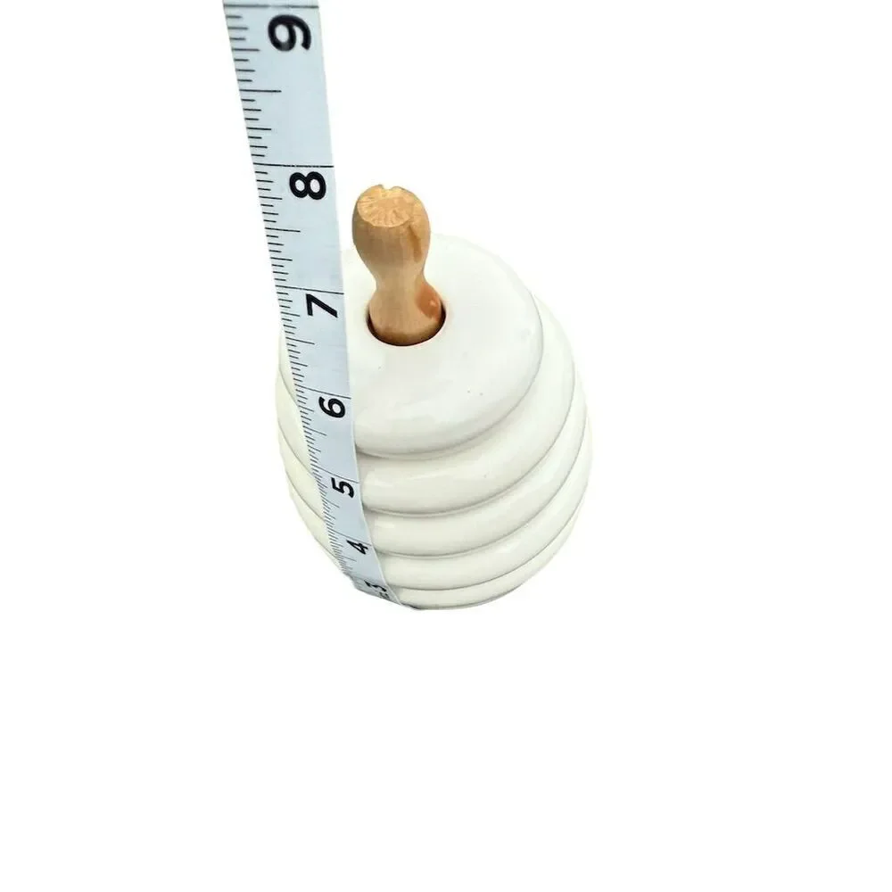 Porcelain Honey Pot Jar White Beech Wood Drizzler